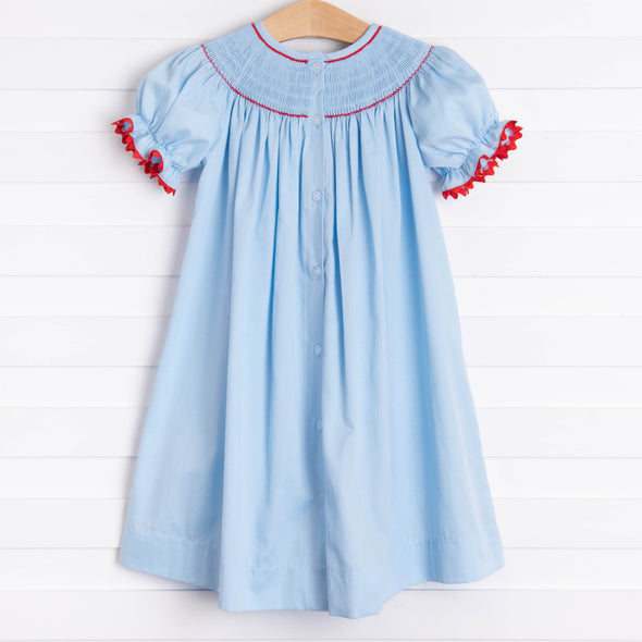 Santa's Coming Smocked Dress, Light Blue