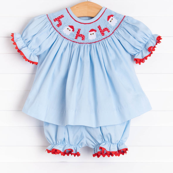 Santa's Coming Smocked Bloomer Set, Light Blue