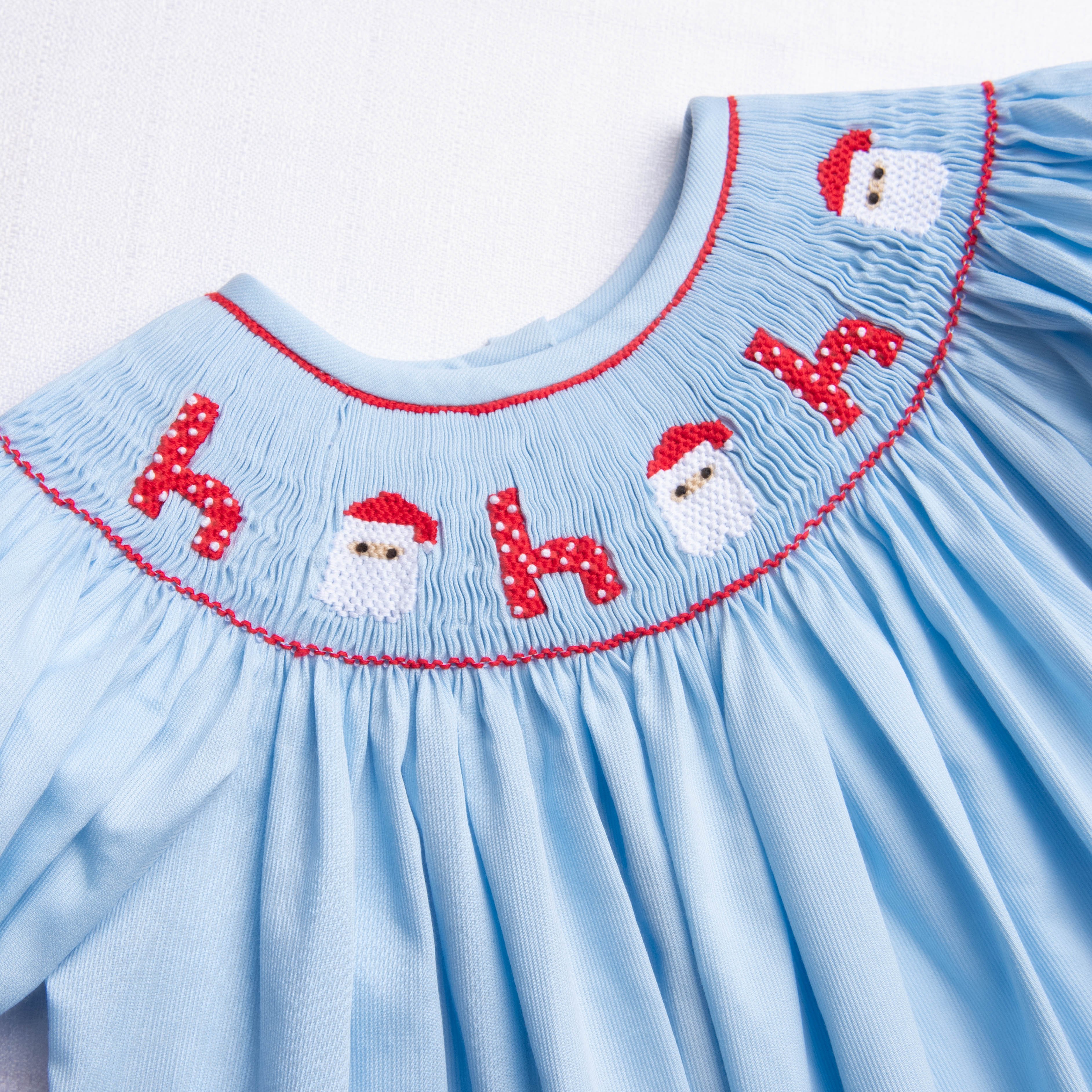 Santa's Coming Smocked Dress, Light Blue Stitchy Fish Santa's Coming Smocked Dress, Light Blue Stitchy Fish