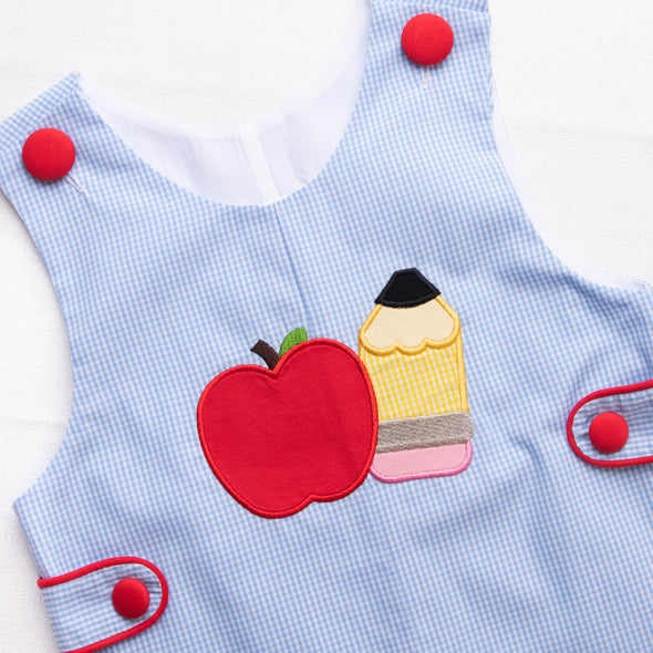 Back to School Applique Jon Jon, Blue Gingham