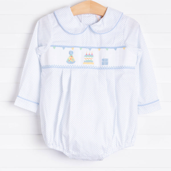 Birthday Smocked Bubble, Blue Bitty Dot