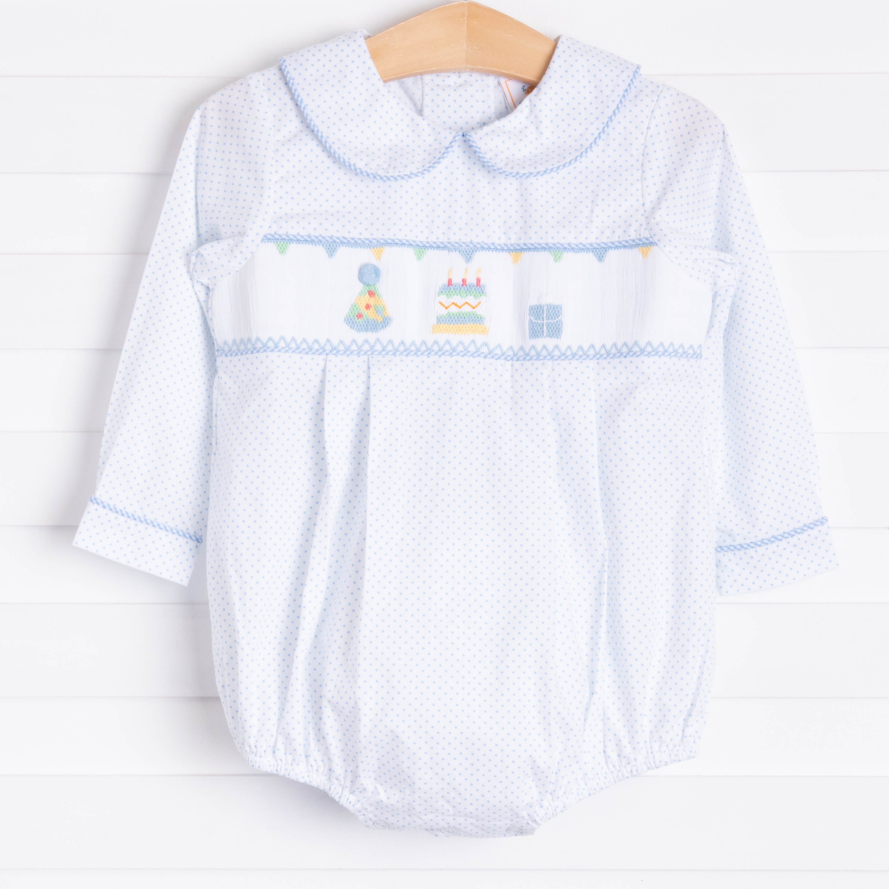 Birthday Smocked Bubble, Blue Bitty Dot Stitchy Fish Birthday Smocked Bubble, Blue Bitty Dot Stitchy Fish