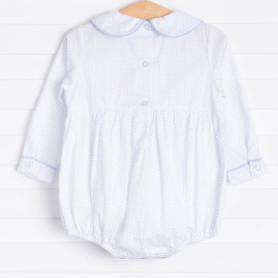 Birthday Smocked Bubble, Blue Bitty Dot