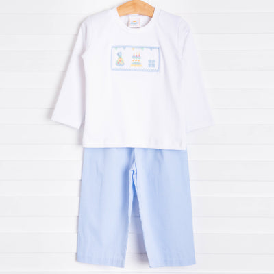 Birthday Smocked Pant Set, Blue Gingham