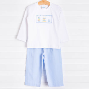 Birthday Smocked Pant Set, Blue Gingham