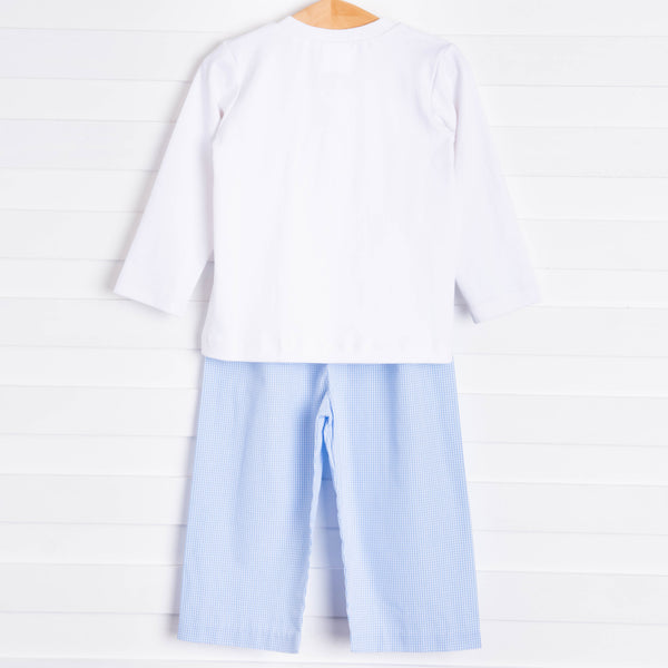 Birthday Smocked Pant Set, Blue Gingham