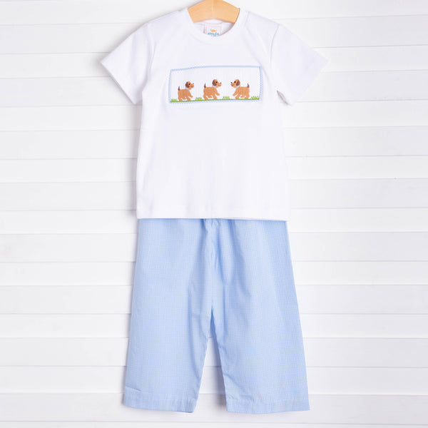 Puppy Smocked Pant Set, Blue