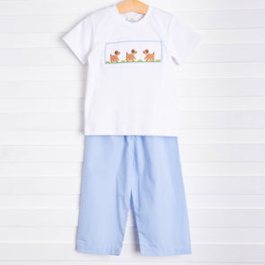 Puppy Smocked Pant Set, Blue