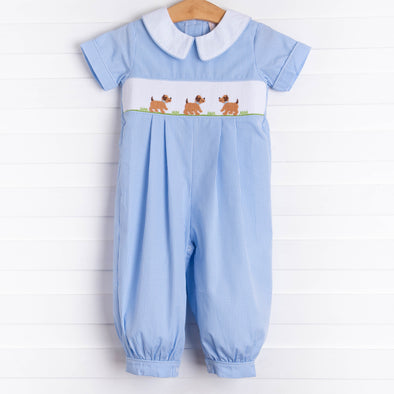 Puppy Smocked Romper, Blue