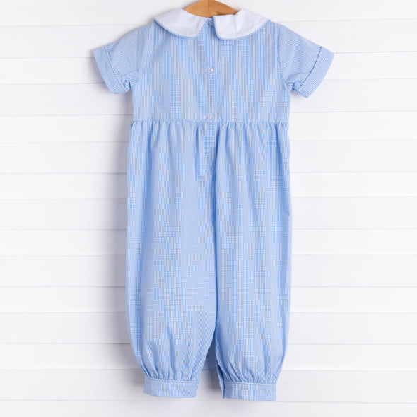 Puppy Smocked Romper, Blue