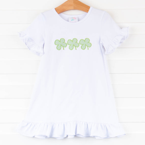 Clover Cutie Applique Dress, White