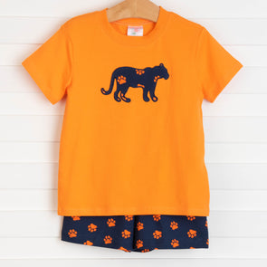 Tiger Applique Paw Print Short Set, Navy