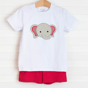 Elephant Applique Short Set, Crimson