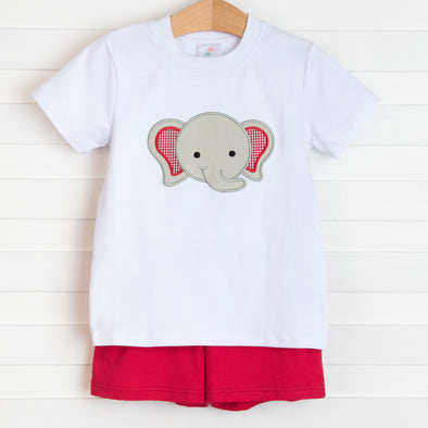 Elephant Applique Short Set, Crimson