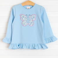 Butterfly Kisses Applique Ruffle Shirt, Blue