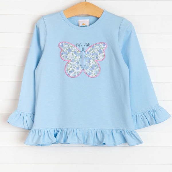 Butterfly Kisses Applique Ruffle Shirt, Blue