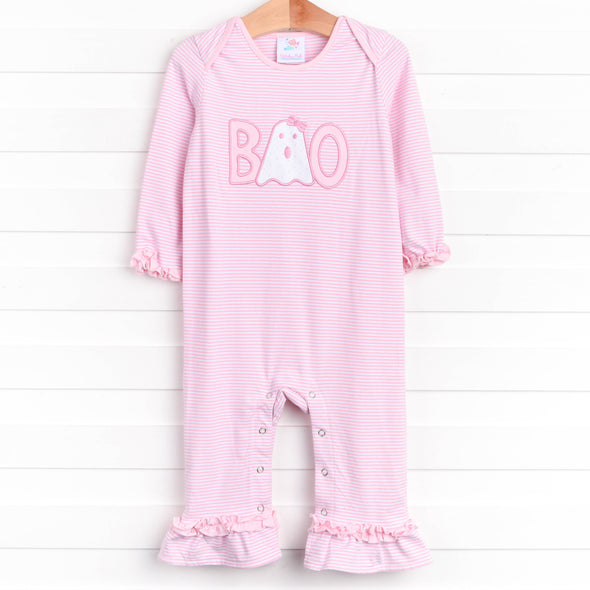 Boo! Applique Ruffle Romper, Pink