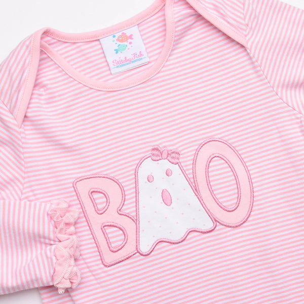 Boo! Applique Ruffle Romper, Pink