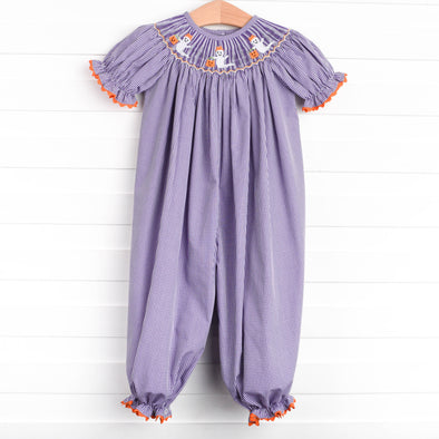 Boo-tiful Smocked Long Romper, Purple