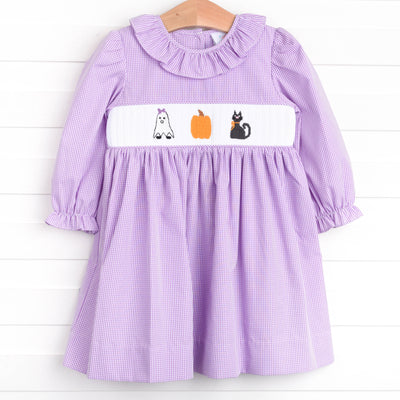 Happy Haunting Smocked Dress, Purple