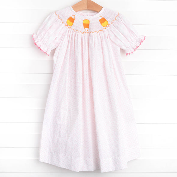 Candy Corn Cutie Smocked Dress, Pink Bitty Dot