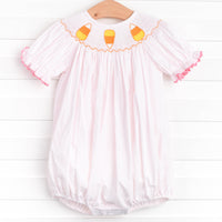 Candy Corn Cutie Smocked Bubble, Pink Bitty Dot