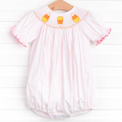 Candy Corn Cutie Smocked Bubble, Pink Bitty Dot