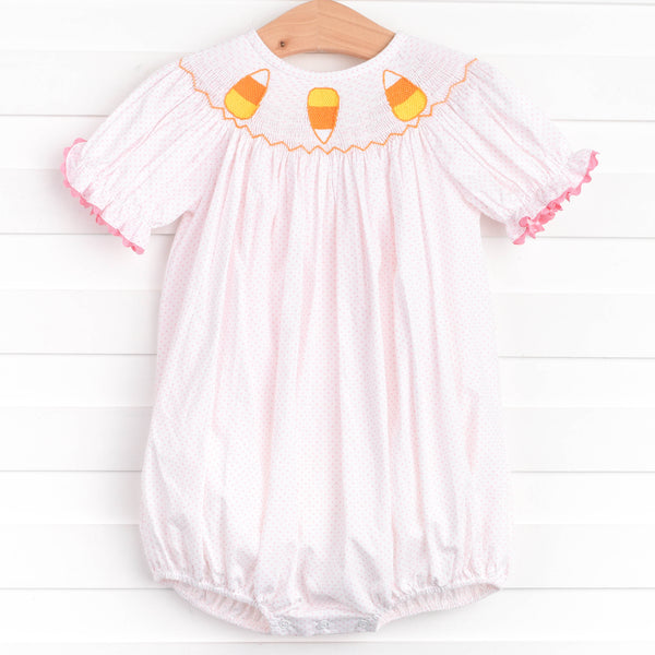 Candy Corn Cutie Smocked Bubble, Pink Bitty Dot