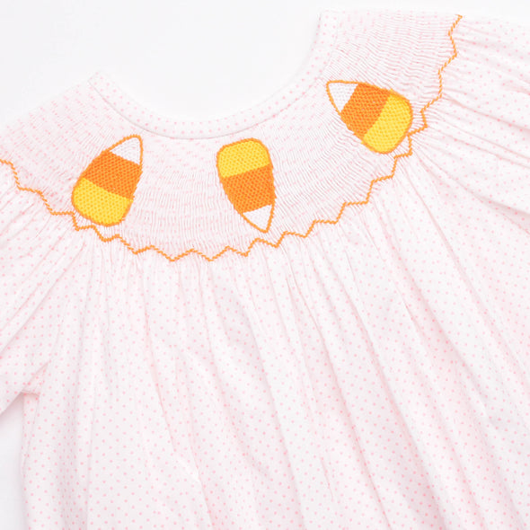 Candy Corn Cutie Smocked Bubble, Pink Bitty Dot