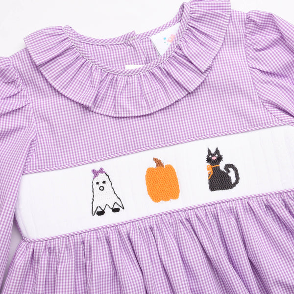 Happy Haunting Smocked Dress, Purple