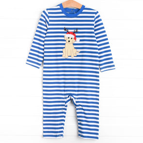 Puppy Holiday Applique Romper, Blue Stripe