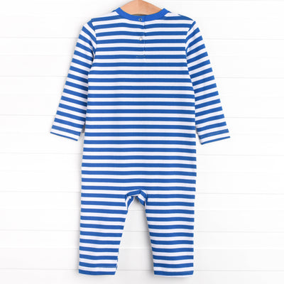 Puppy Holiday Applique Romper, Blue Stripe
