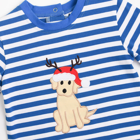 Puppy Holiday Applique Romper, Blue Stripe