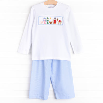 Away in a Manger Smocked Pant Set, Blue