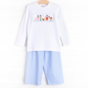 Away in a Manger Smocked Pant Set, Blue