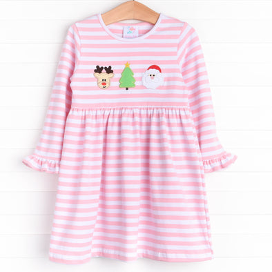 Holiday Favorite Trio Applique Dress, Pink Stripe