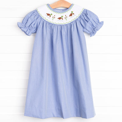 Cattail Cuties Smocked Bishop Dress, Navy Stripe