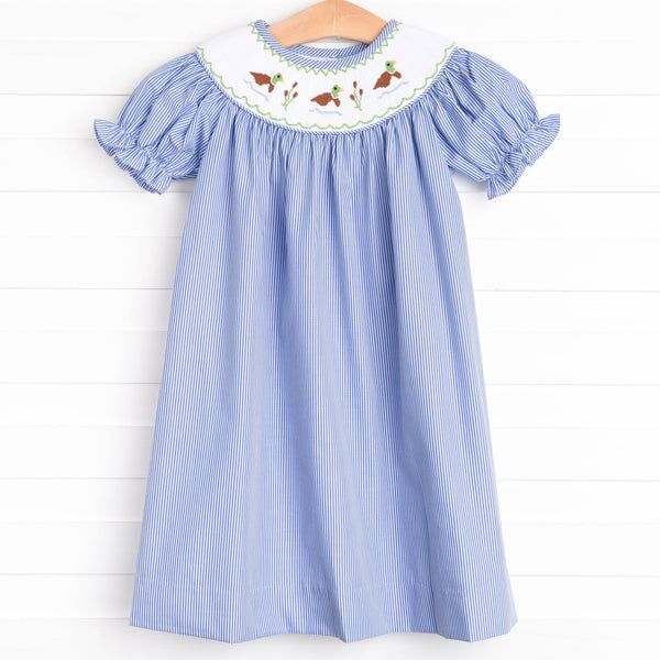 Cattail Cuties Smocked Bishop Dress, Navy Stripe