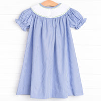 Cattail Cuties Smocked Bishop Dress, Navy Stripe
