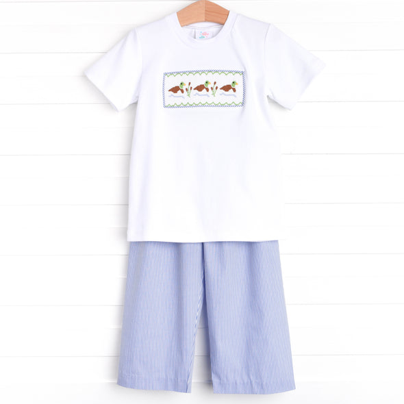 Cattail Cuties Smocked Pant Set, Navy Stripe
