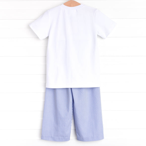 Cattail Cuties Smocked Pant Set, Navy Stripe