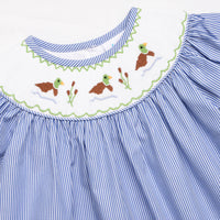 Cattail Cuties Smocked Bishop Dress, Navy Stripe