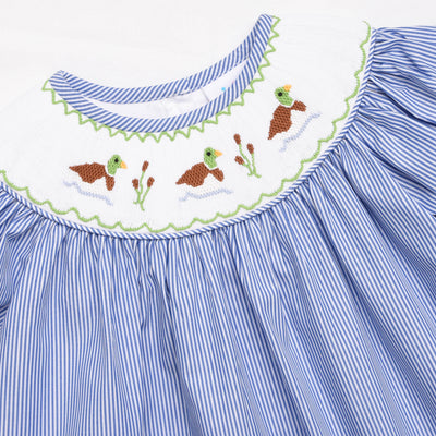 Cattail Cuties Smocked Bishop Dress, Navy Stripe