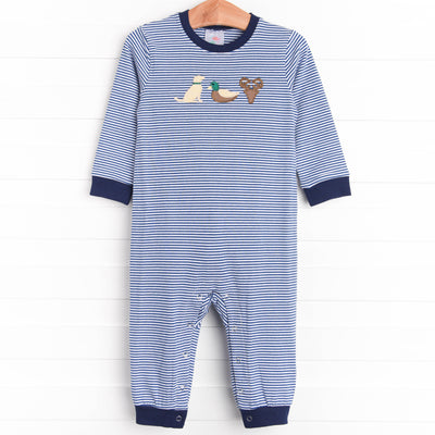  This&nbsp;navy blue striped long sleeve romper with dog, mallard and deer head trio details is a must have. 