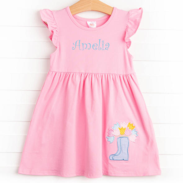 Rain Showers and Flowers Applique Dress, Pink