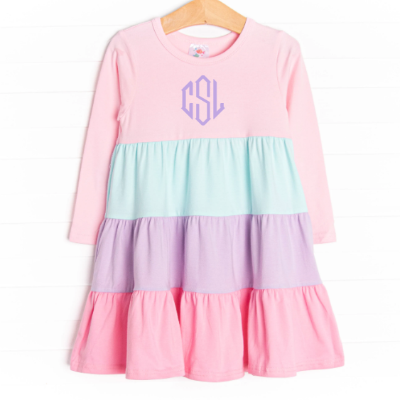 Color Block Long Sleeve Dress, Pink
