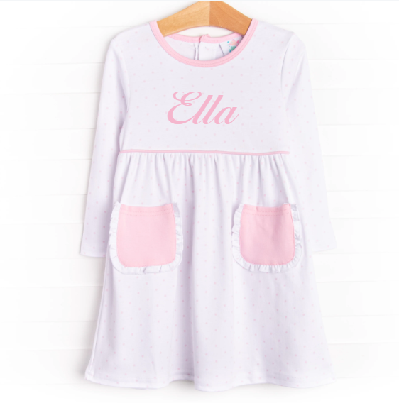 Ella Long Sleeve Pima Dress, Pink Bitty Dot