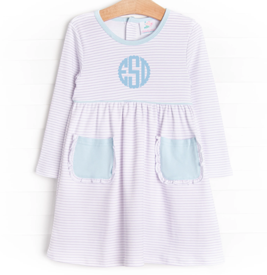 Ella Long Sleeve Pima Dress, Purple Stripe