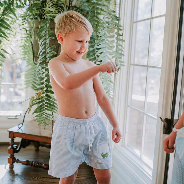 Chomp! Chomp! Smocked Swim Trunks, Blue