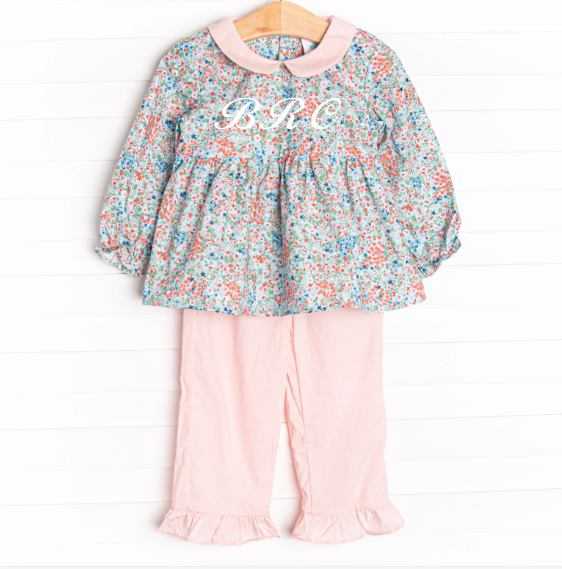 Fresco Florals Ruffle Pant Set, Blue
